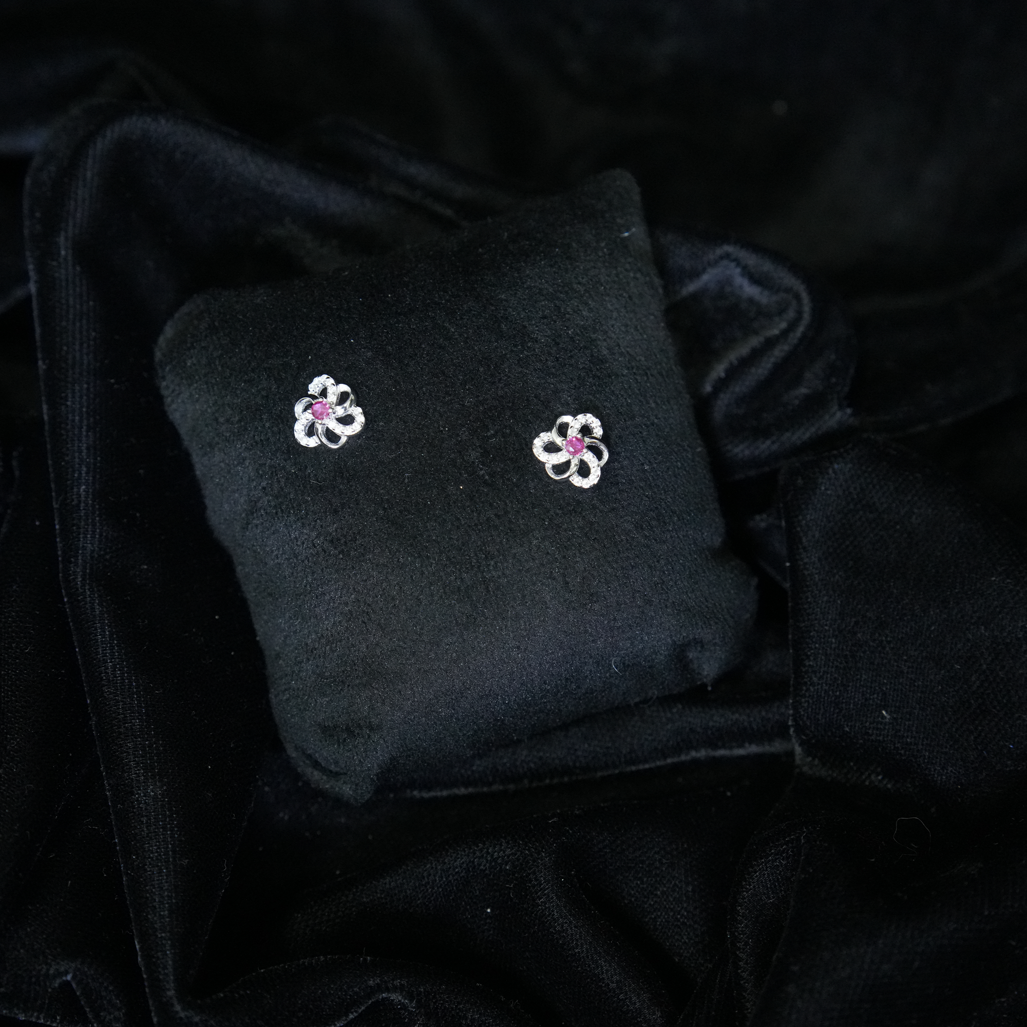 Floral Duo Petal Silver Stud Earrings